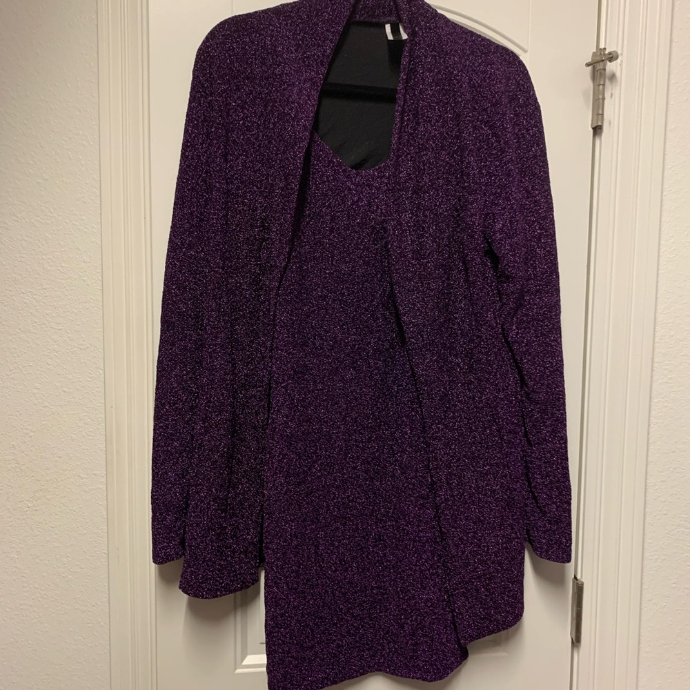 Cute purple shimmering material mini dress with jacket. Never worn